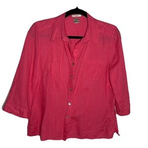 Vintage Edward Linen Shirt Womens L Hot Pink 3/4 Sleeve Resortwear Vacation